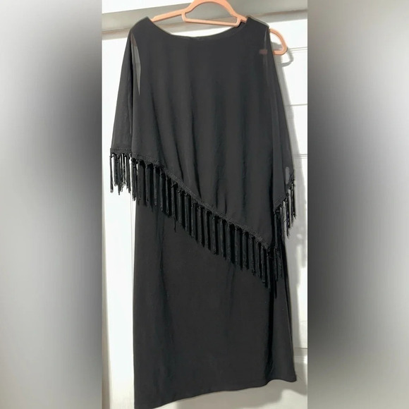 R & M Richards Black Dress Sleeveless Sheer fringed attached poncho - Picture 5 of 7